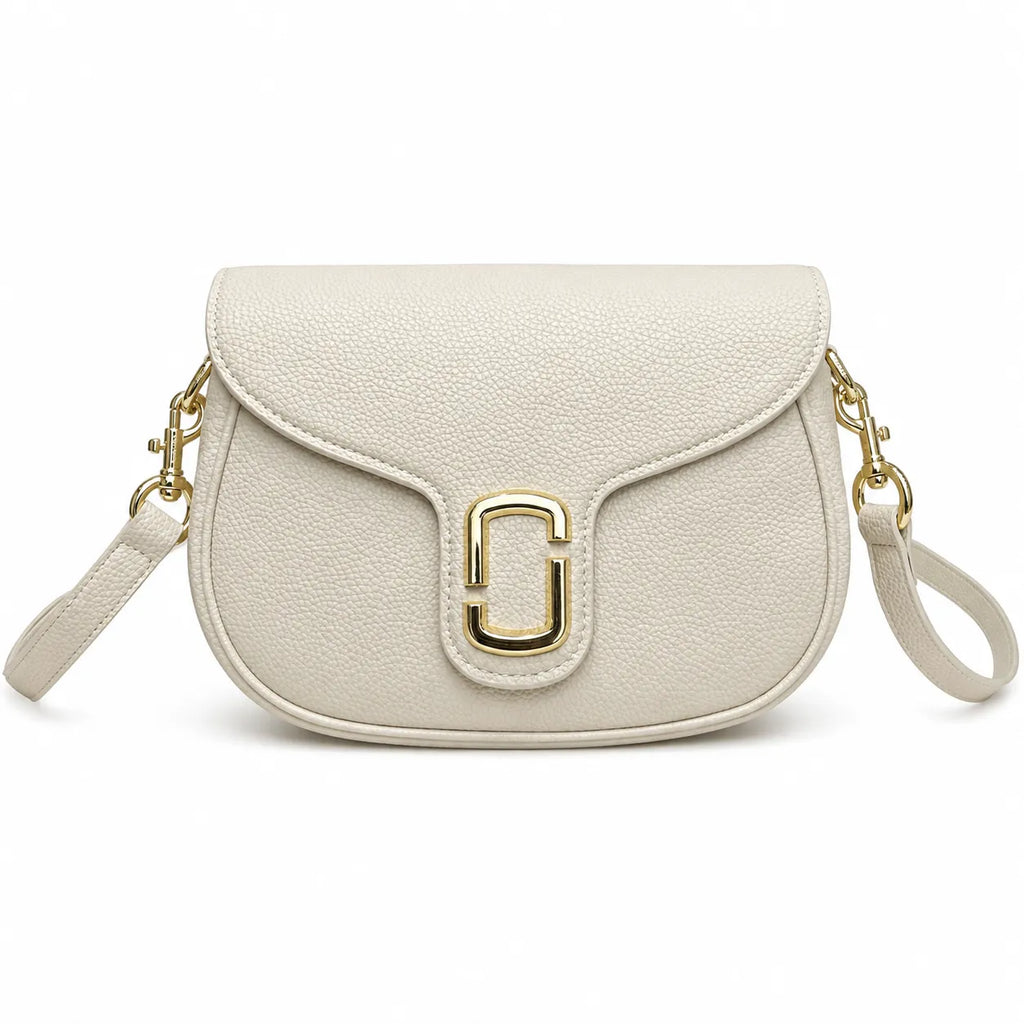Marc Jacobs The J Marc Small Cream Pebbled Leather Saddle Bag with Gold J Buckle & Detachable Strap