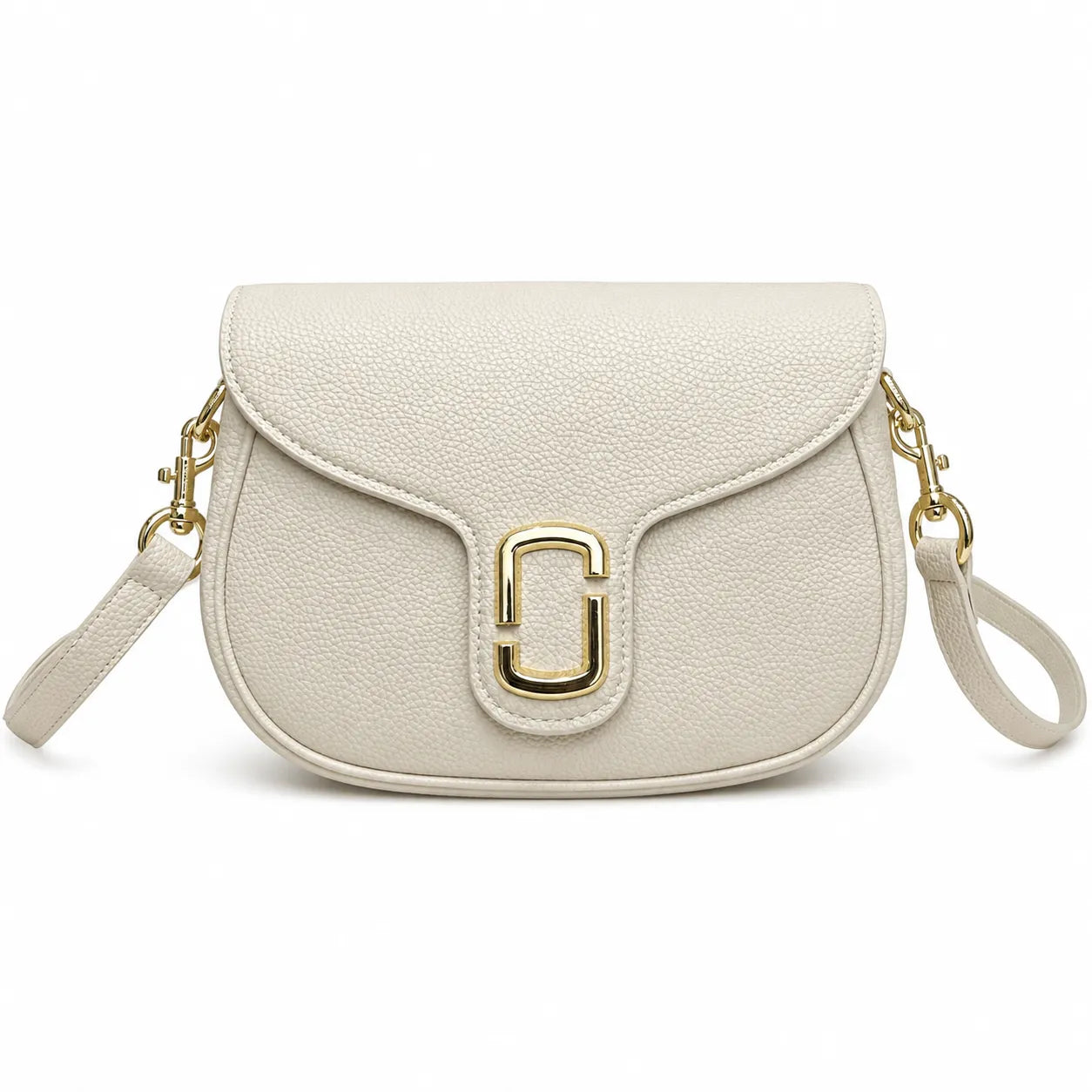Marc Jacobs The J Marc Small Cream Pebbled Leather Saddle Bag with Gold J Buckle & Detachable Strap