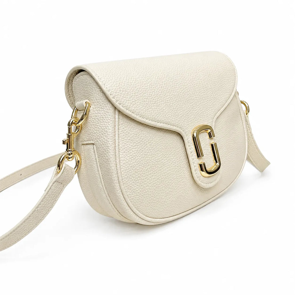 Marc Jacobs The J Marc Small Cream Pebbled Leather Saddle Bag with Gold J Buckle & Detachable Strap