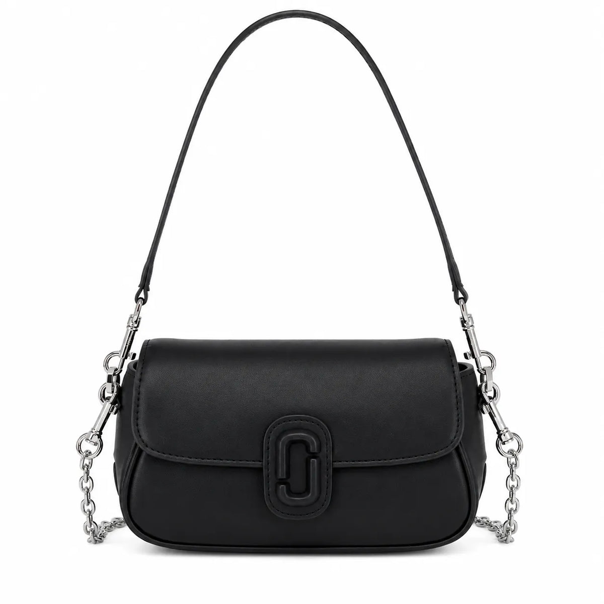 Marc Jacobs The Clover Black Smooth Leather Shoulder Bag with Black J Buckle & Dual Straps