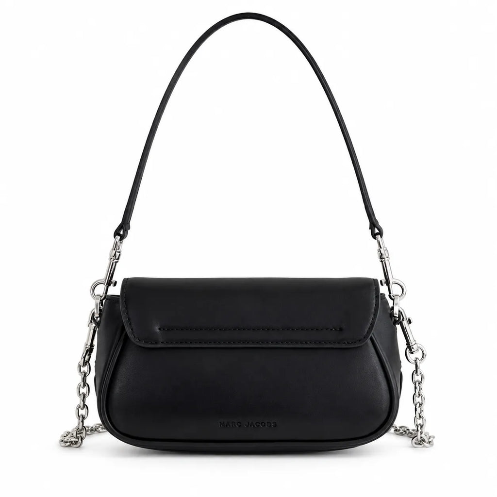 Marc Jacobs The Clover Black Smooth Leather Shoulder Bag with Black J Buckle & Dual Straps