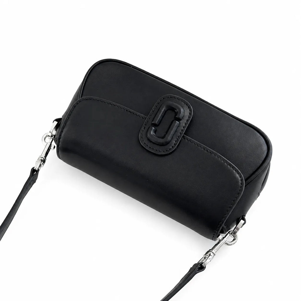 Marc Jacobs The Clover Black Smooth Leather Shoulder Bag with Black J Buckle & Dual Straps