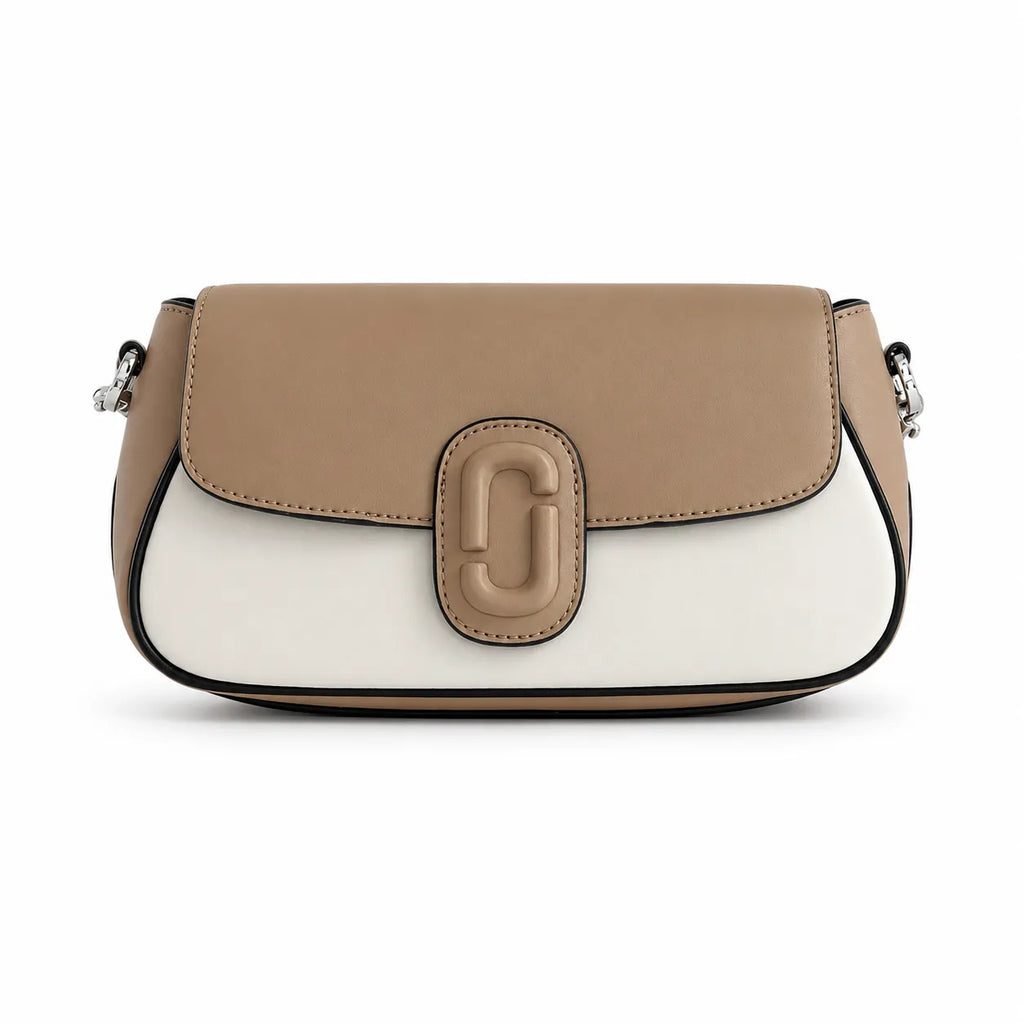 Marc Jacobs The Clover Small Beige & White Colorblock Leather Shoulder Bag with Silver J Buckle & Detachable Strap