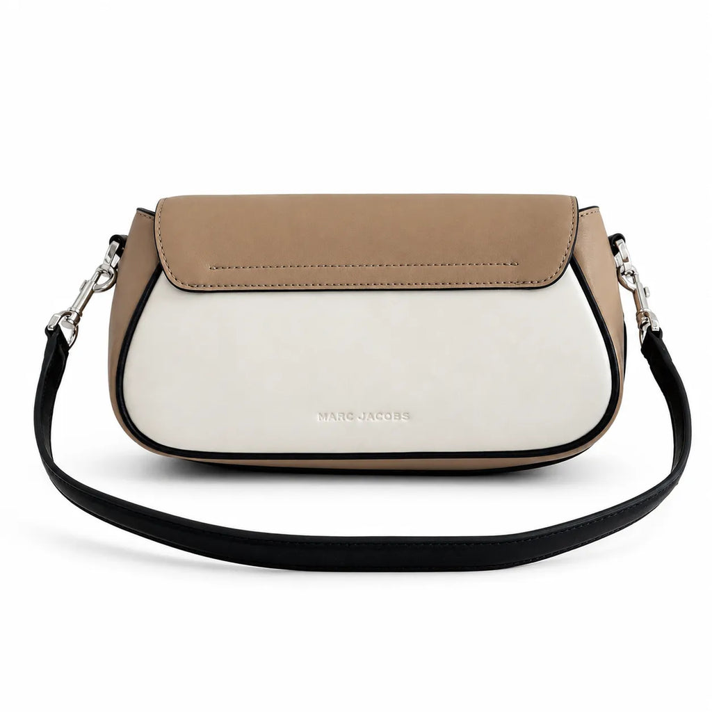 Marc Jacobs The Clover Small Beige & White Colorblock Leather Shoulder Bag with Silver J Buckle & Detachable Strap