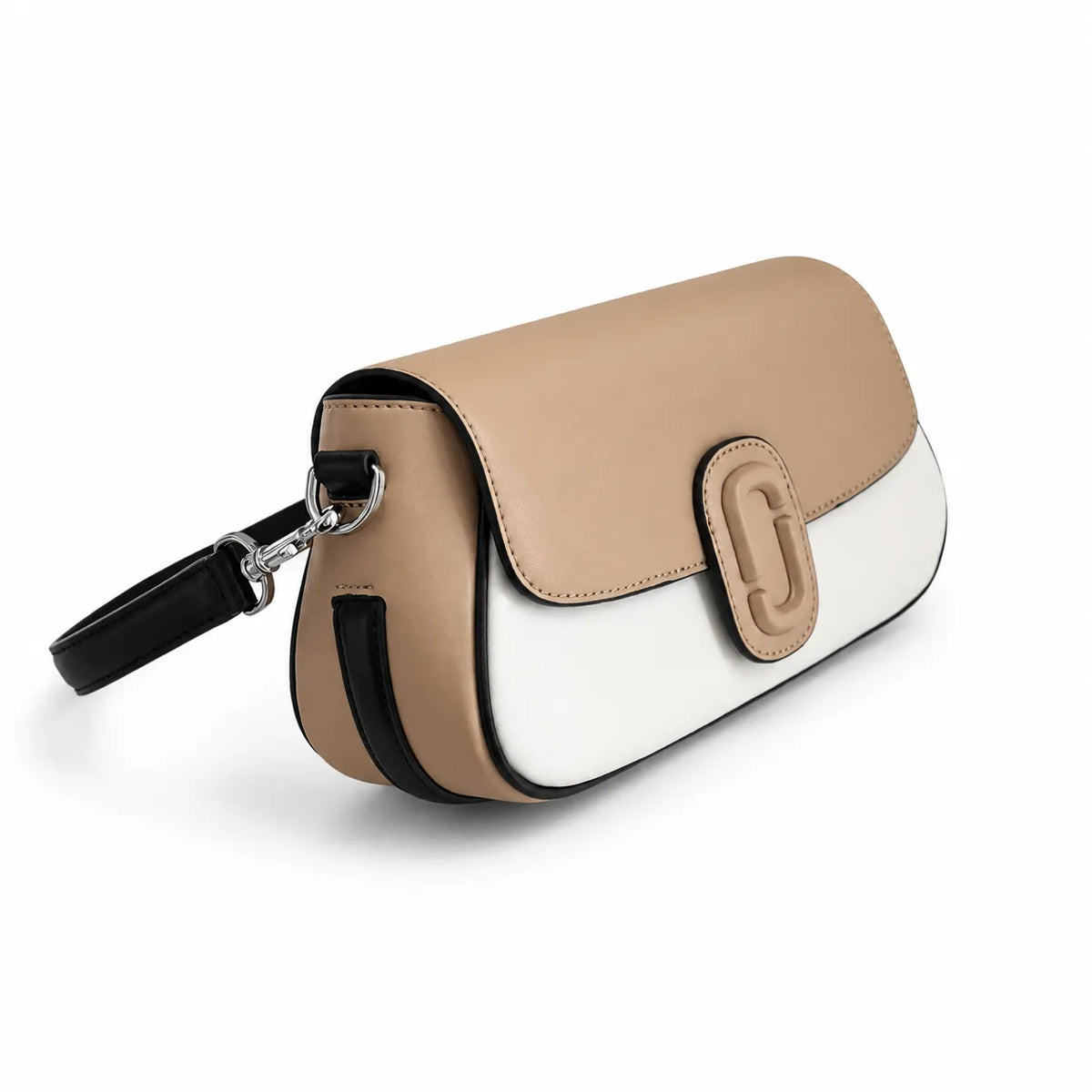Marc Jacobs The Clover Small Beige & White Colorblock Leather Shoulder Bag with Silver J Buckle & Detachable Strap