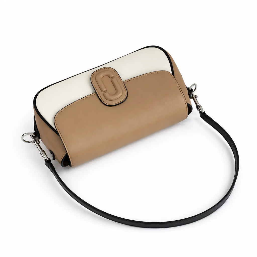 Marc Jacobs The Clover Small Beige & White Colorblock Leather Shoulder Bag with Silver J Buckle & Detachable Strap