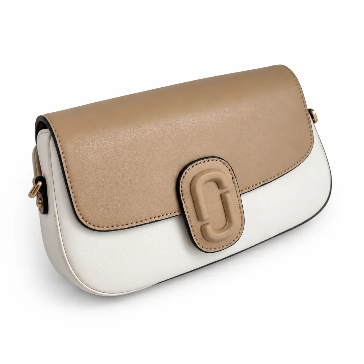 Marc Jacobs The Clover Small Beige & White Colorblock Leather Shoulder Bag with Silver J Buckle & Detachable Strap