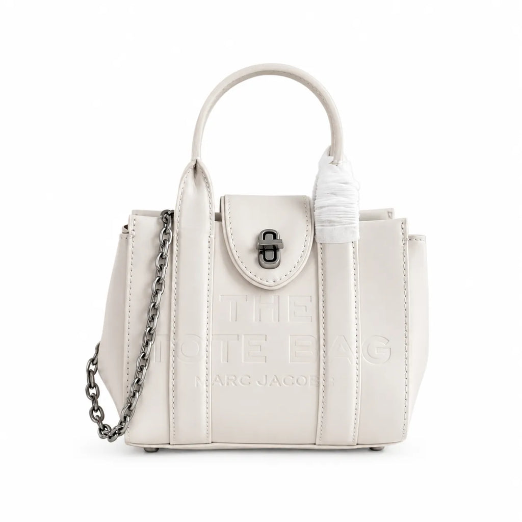 Marc Jacobs The Tote Bag Mini Cream Smooth Leather Tote with Embossed Logo & Silver Turn Lock