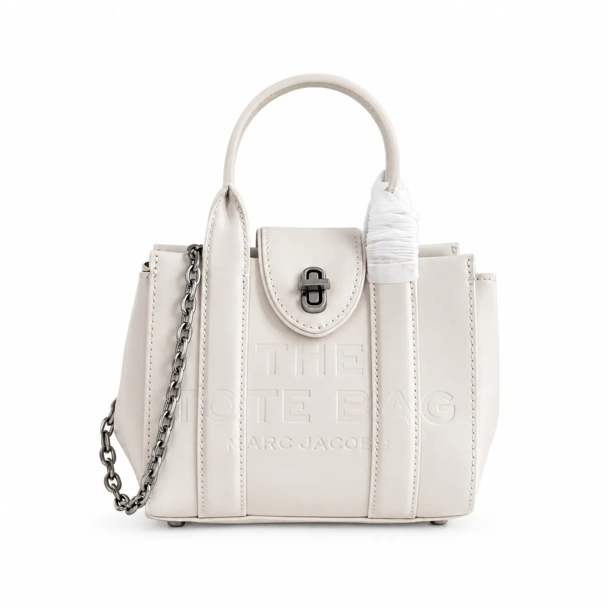 Marc Jacobs The Tote Bag Mini Cream Smooth Leather Tote with Embossed Logo & Silver Turn Lock