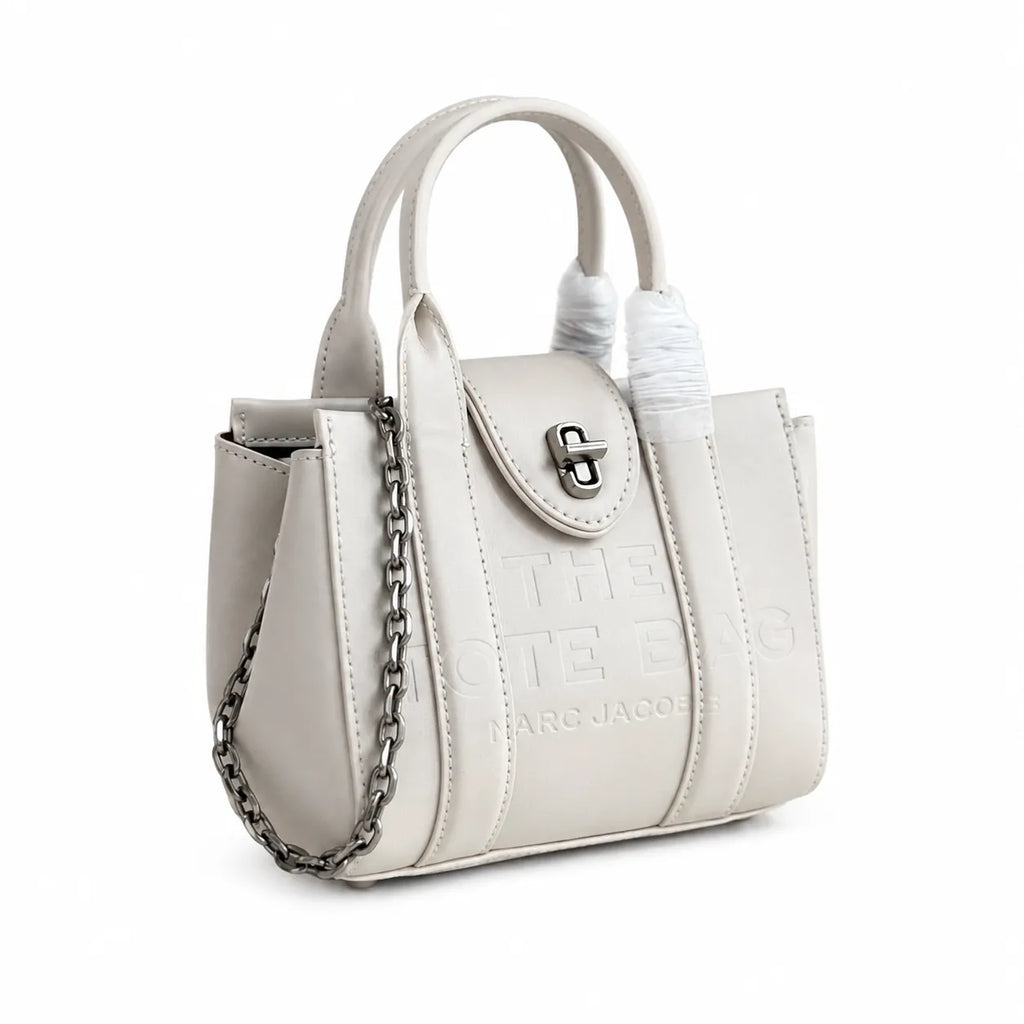 Marc Jacobs The Tote Bag Mini Cream Smooth Leather Tote with Embossed Logo & Silver Turn Lock