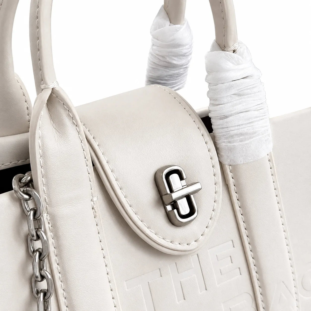 Marc Jacobs The Tote Bag Mini Cream Smooth Leather Tote with Embossed Logo & Silver Turn Lock