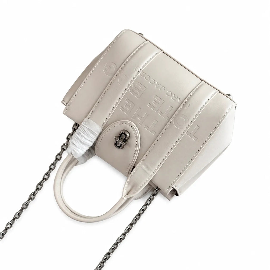 Marc Jacobs The Tote Bag Mini Cream Smooth Leather Tote with Embossed Logo & Silver Turn Lock