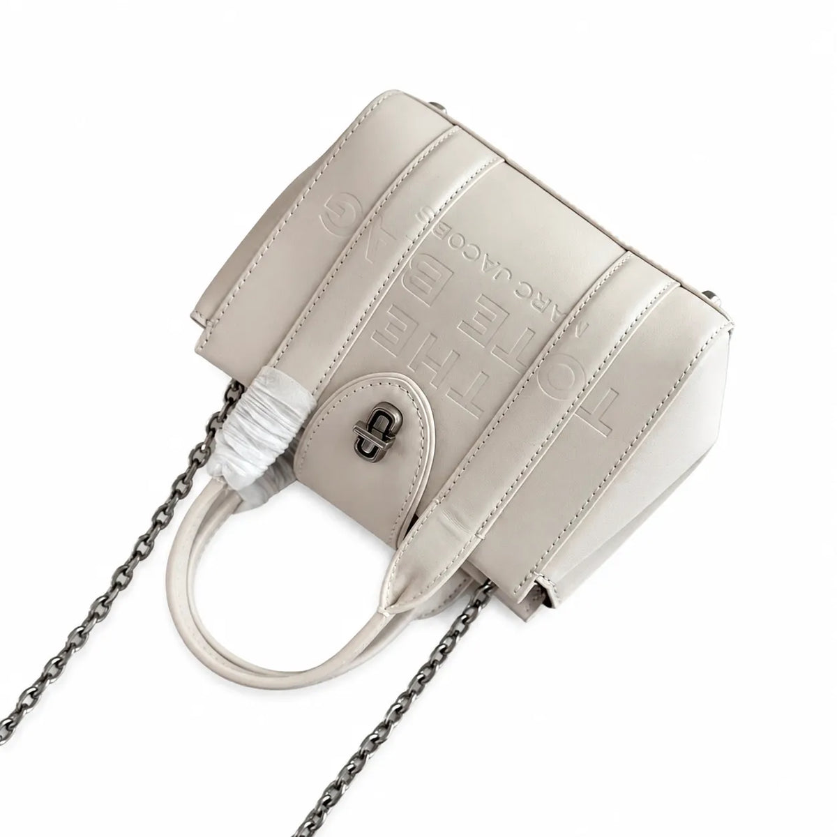 Marc Jacobs The Tote Bag Mini Cream Smooth Leather Tote with Embossed Logo & Silver Turn Lock