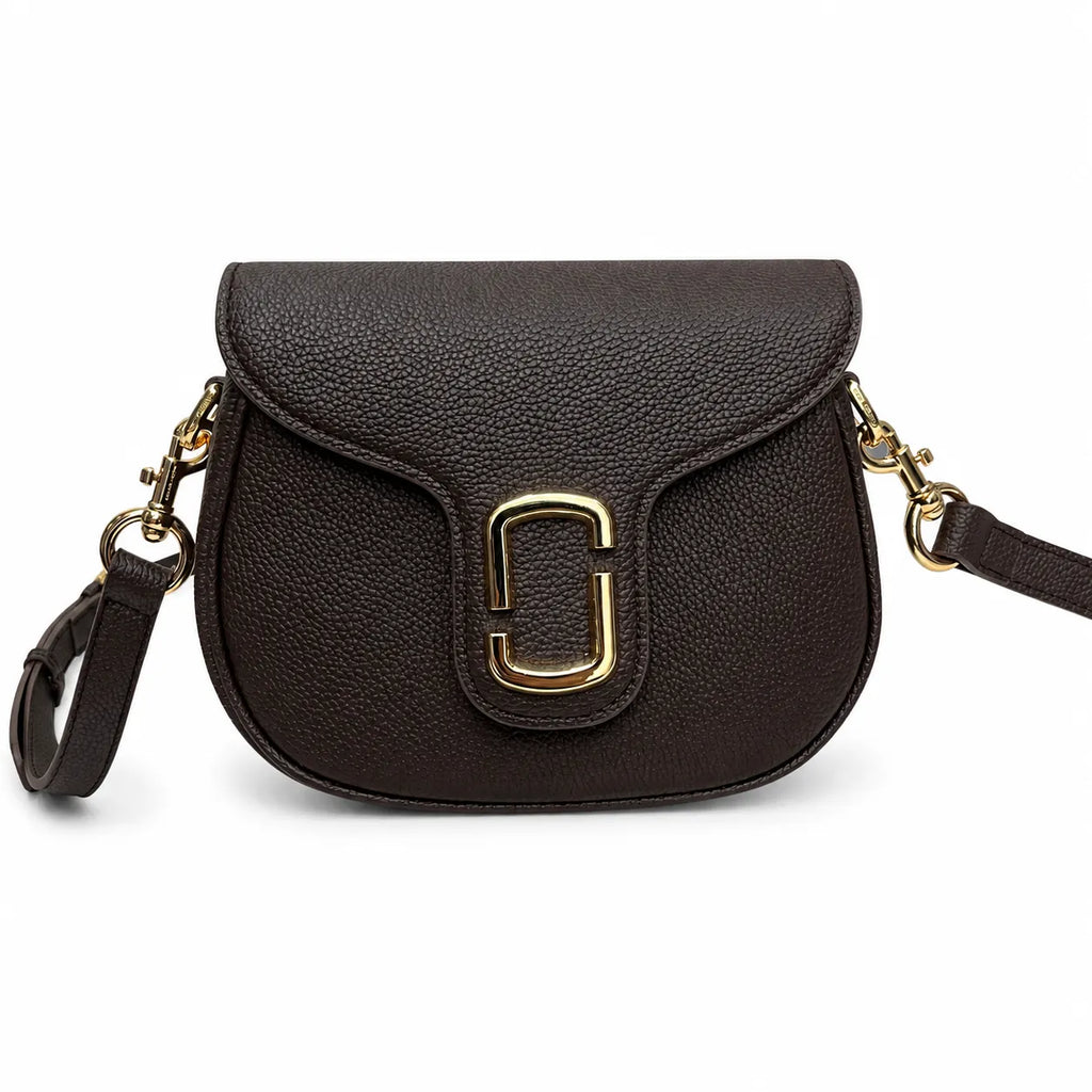 Marc Jacobs The Small Saddle Dark Brown Pebbled Leather Saddle Bag with Gold J Buckle & Detachable Strap