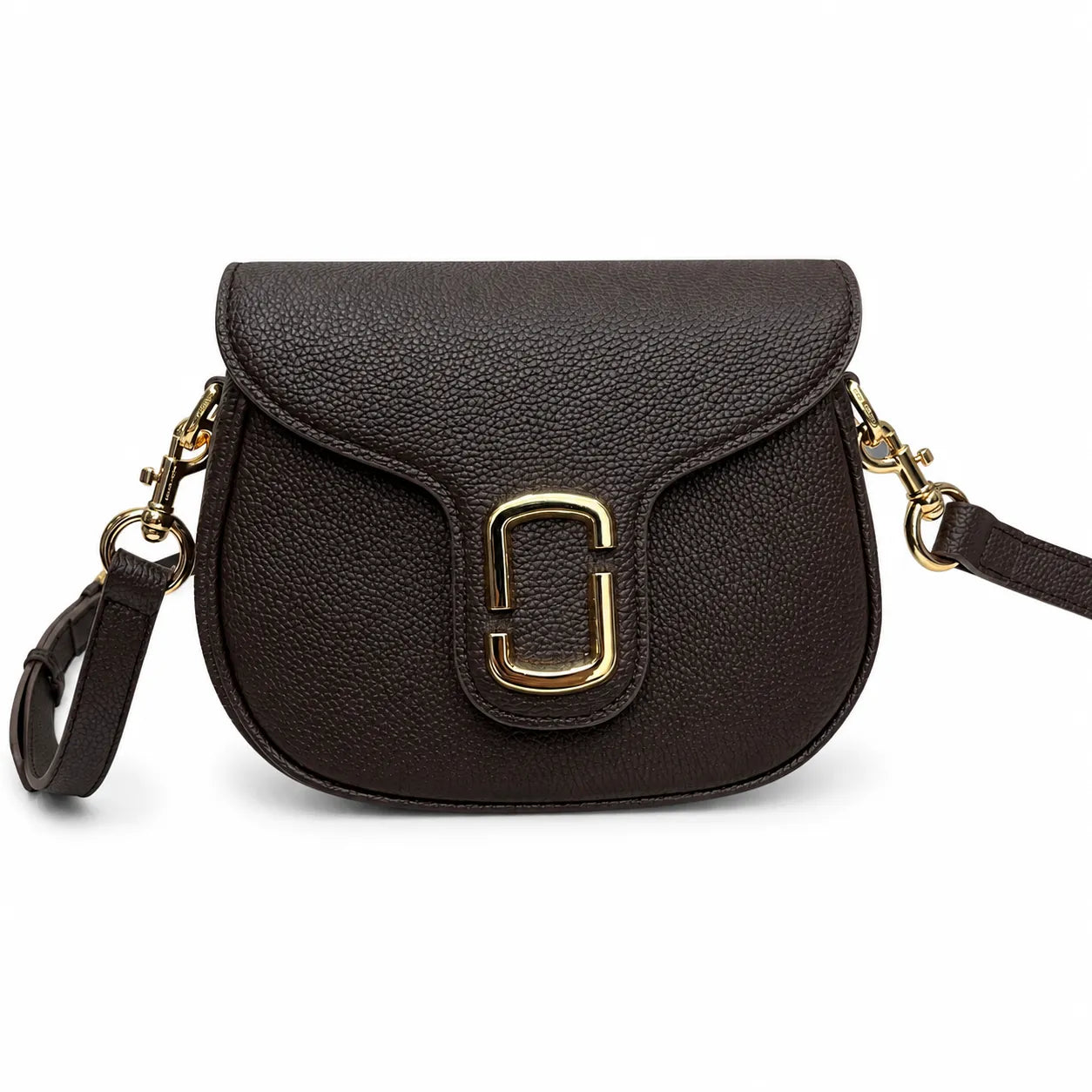 Marc Jacobs The Small Saddle Dark Brown Pebbled Leather Saddle Bag with Gold J Buckle & Detachable Strap
