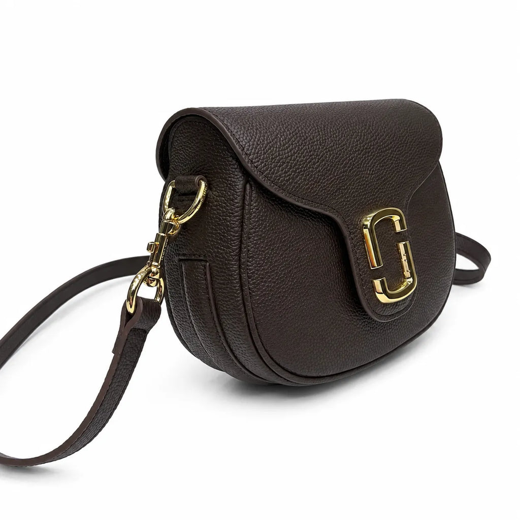 Marc Jacobs The Small Saddle Dark Brown Pebbled Leather Saddle Bag with Gold J Buckle & Detachable Strap