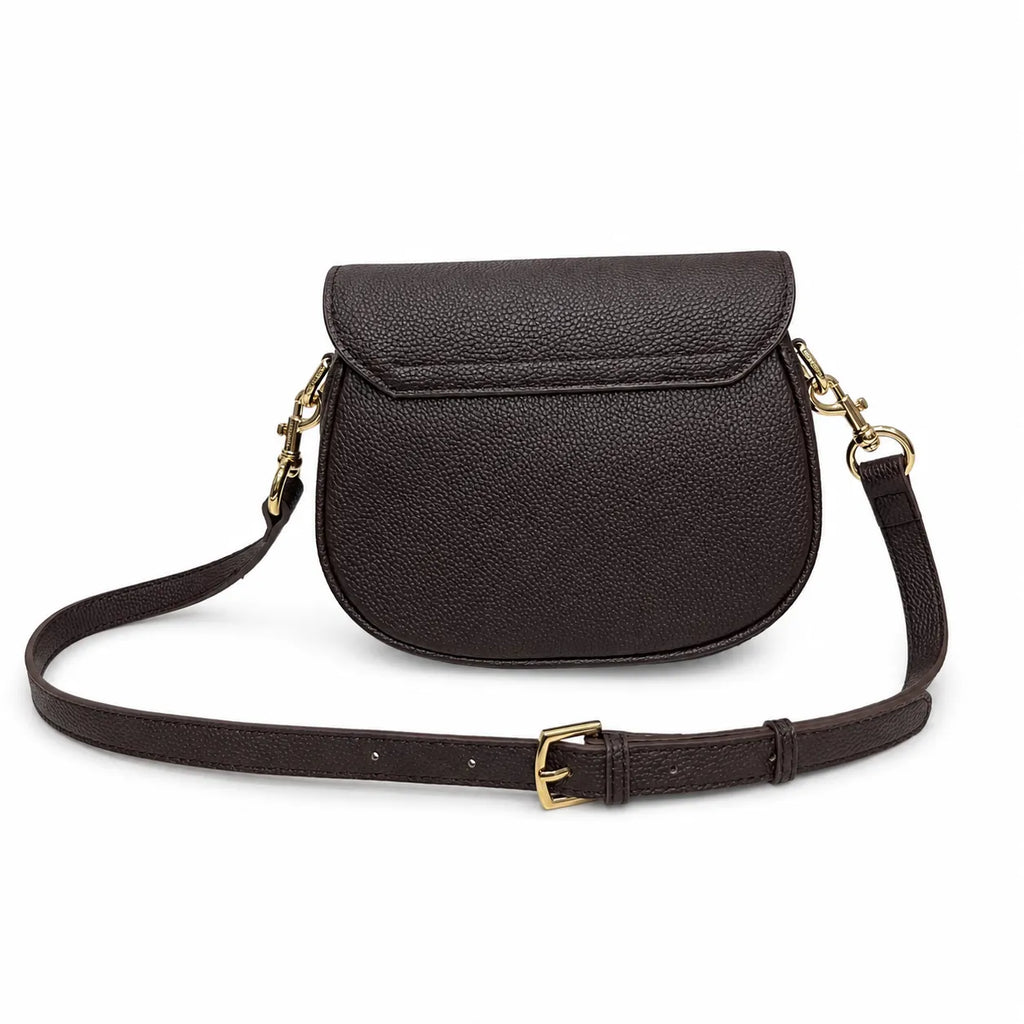 Marc Jacobs The Small Saddle Dark Brown Pebbled Leather Saddle Bag with Gold J Buckle & Detachable Strap