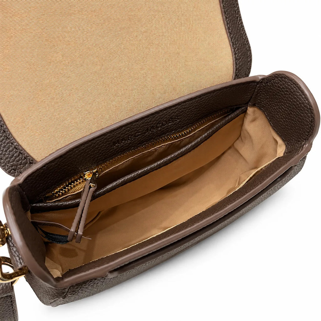 Marc Jacobs The Small Saddle Dark Brown Pebbled Leather Saddle Bag with Gold J Buckle & Detachable Strap