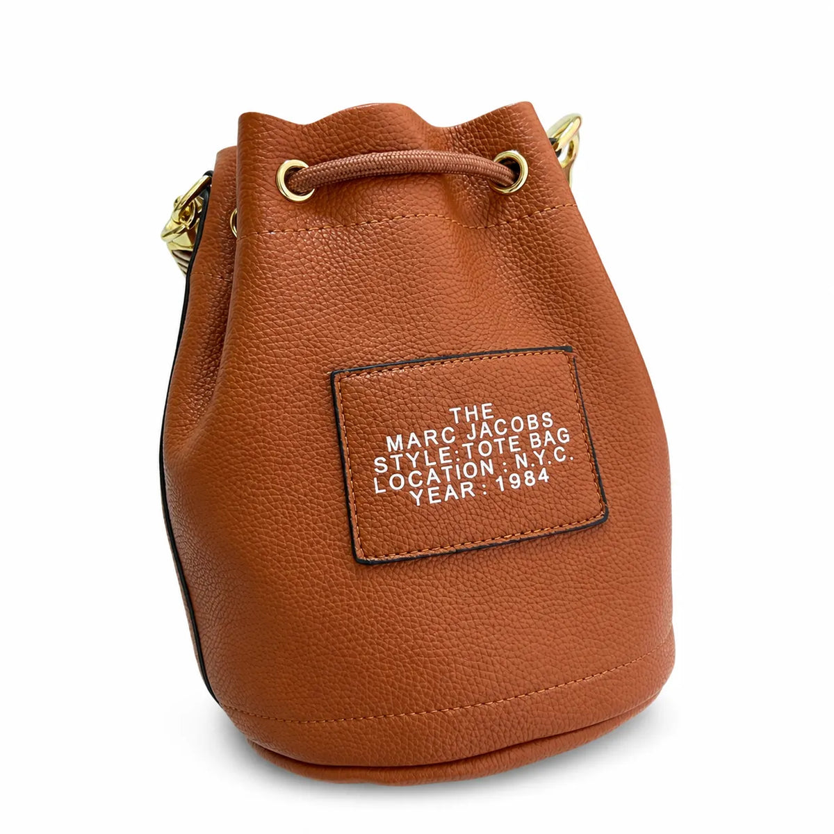 Marc Jacobs The Bucket Small Brown Pebbled Leather Bucket Bag with White Logo Print & Detachable Strap