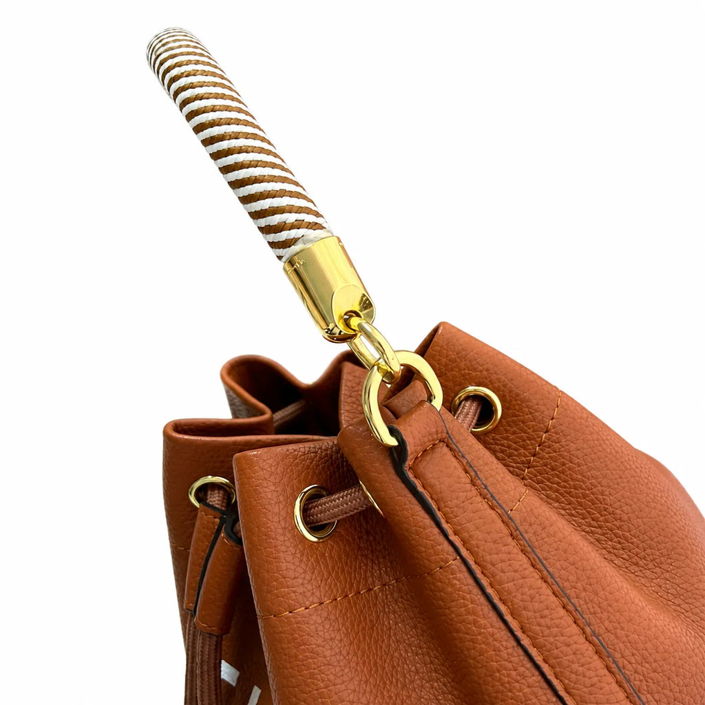 Marc Jacobs The Bucket Small Brown Pebbled Leather Bucket Bag with White Logo Print & Detachable Strap