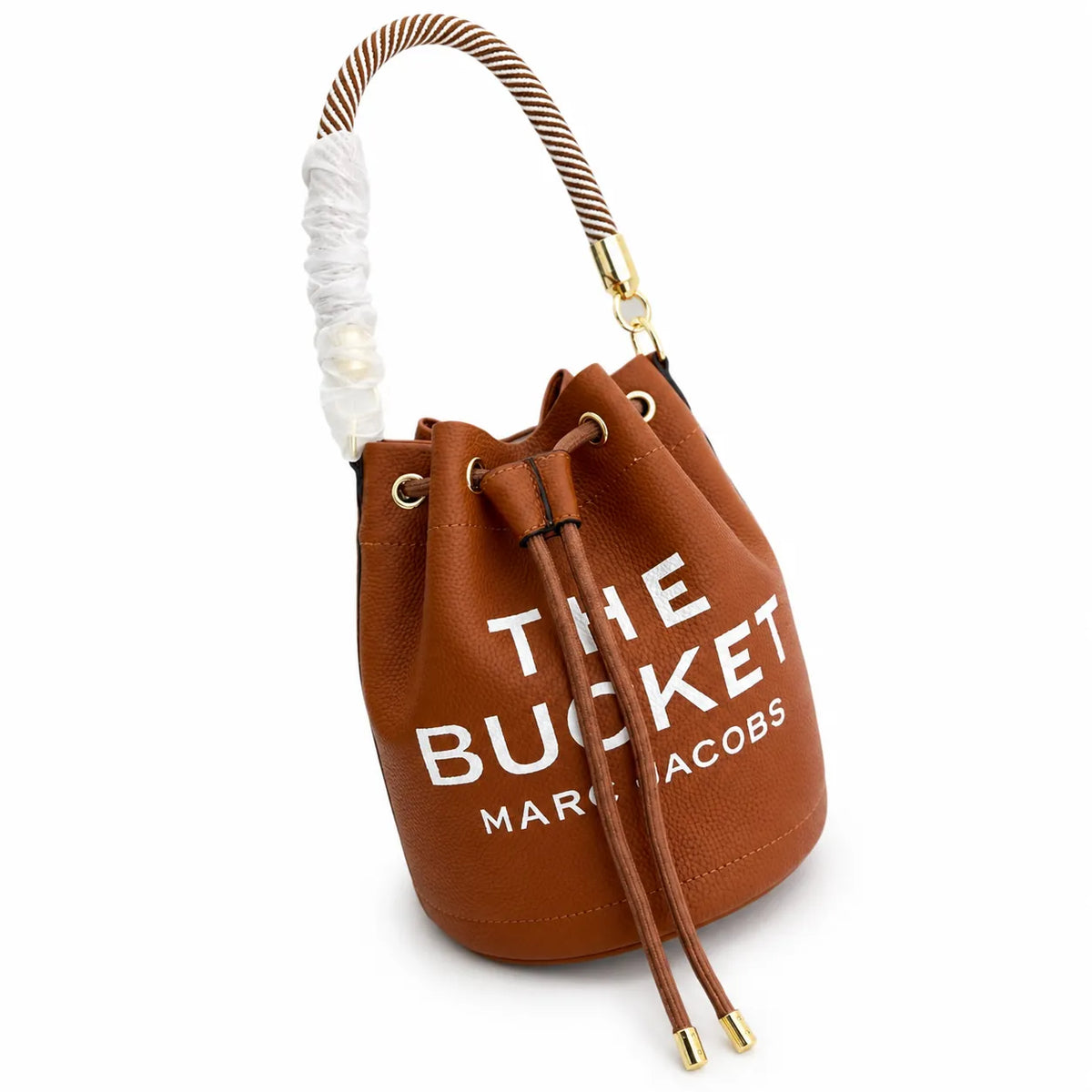 Marc Jacobs The Bucket Small Brown Pebbled Leather Bucket Bag with White Logo Print & Detachable Strap