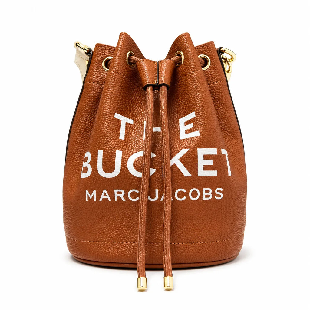 Marc Jacobs The Bucket Small Brown Pebbled Leather Bucket Bag with White Logo Print & Detachable Strap