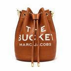 Marc Jacobs The Bucket Small Brown Pebbled Leather Bucket Bag with White Logo Print & Detachable Strap