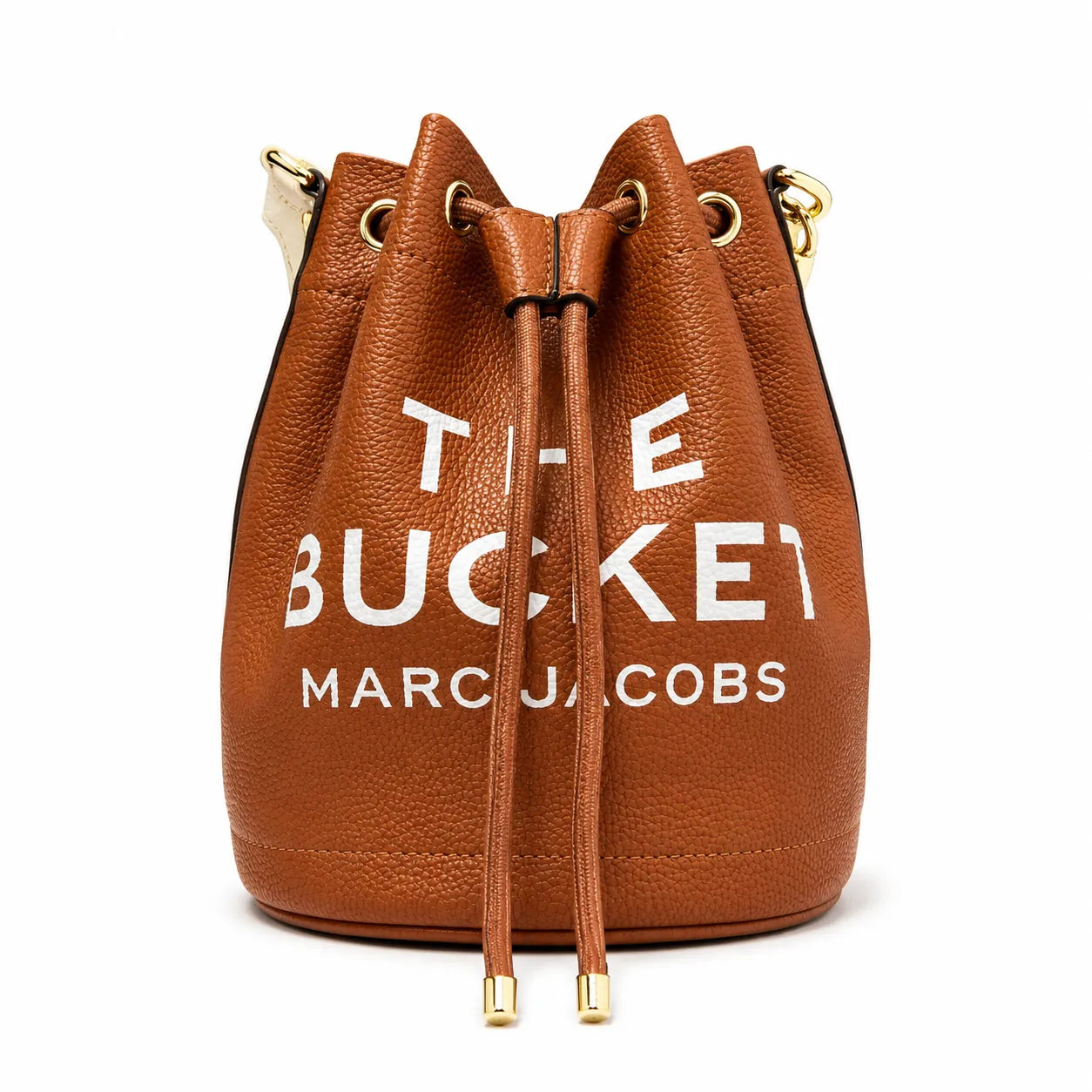 Marc Jacobs The Bucket Small Brown Pebbled Leather Bucket Bag with White Logo Print & Detachable Strap