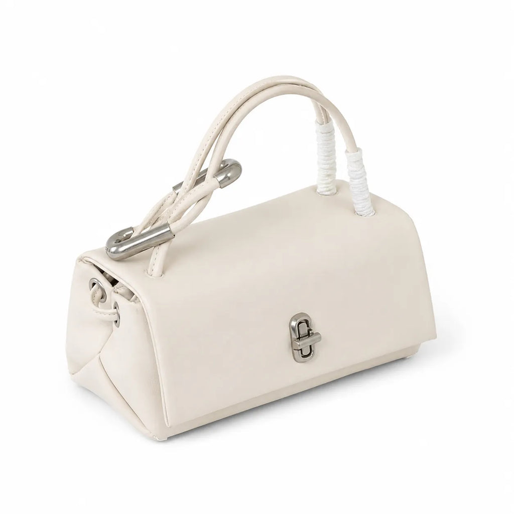 Marc Jacobs The Mini Dual Cream Smooth Leather Mini Tote with Silver Turn Lock & Detachable Chain Strap