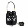 Marc Jacobs The Bucket Small Black Pebbled Leather Bucket Bag with White Logo Print & Detachable Strap