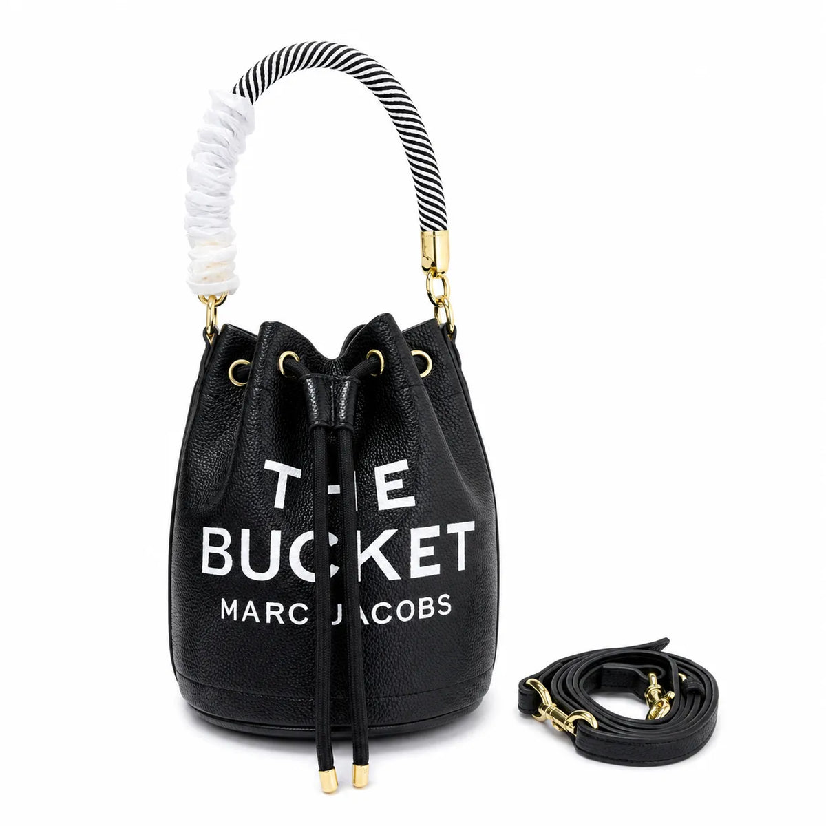 Marc Jacobs The Bucket Small Black Pebbled Leather Bucket Bag with White Logo Print & Detachable Strap