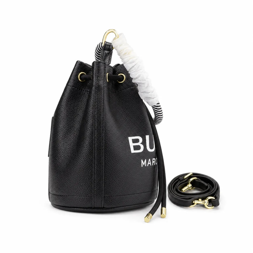 Marc Jacobs The Bucket Small Black Pebbled Leather Bucket Bag with White Logo Print & Detachable Strap