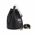 Marc Jacobs The Bucket Small Black Pebbled Leather Bucket Bag with White Logo Print & Detachable Strap
