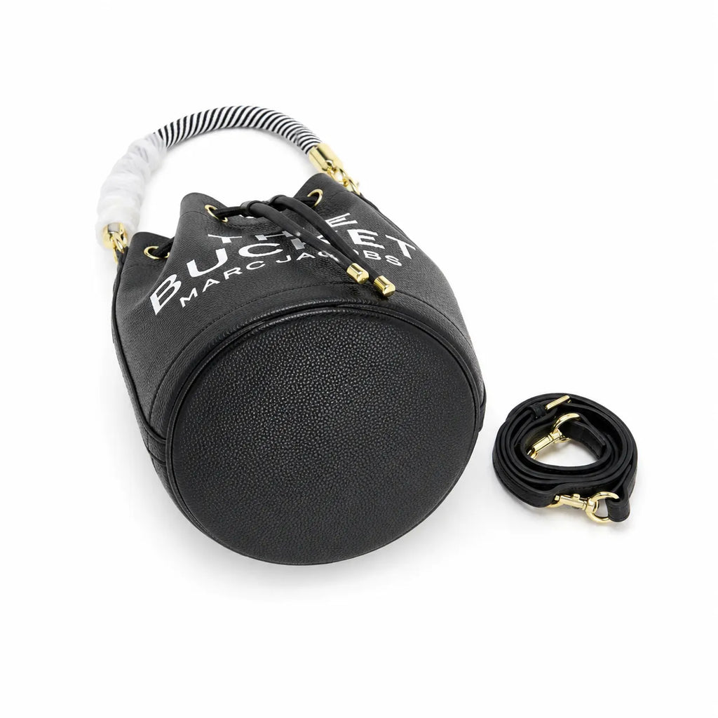 Marc Jacobs The Bucket Small Black Pebbled Leather Bucket Bag with White Logo Print & Detachable Strap