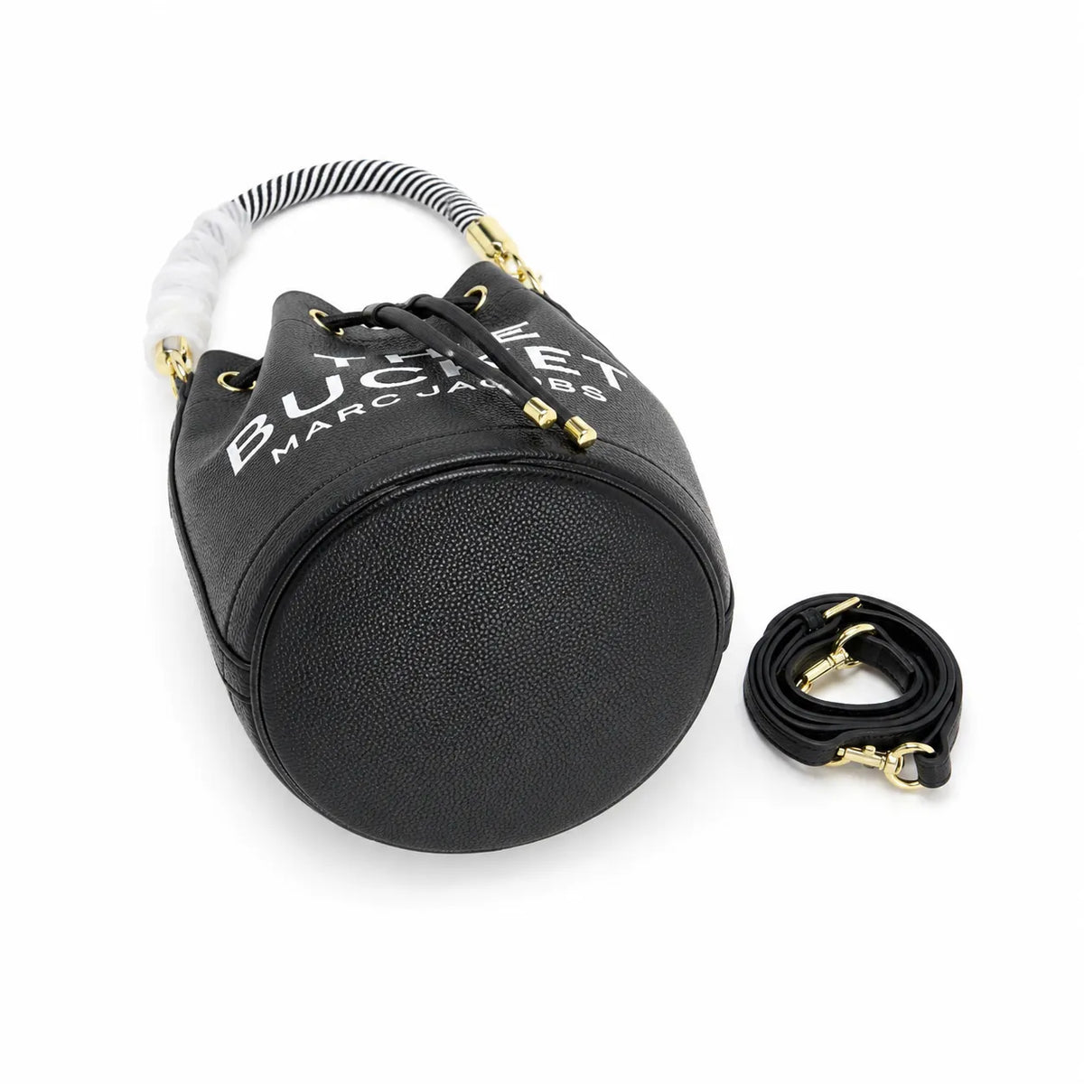 Marc Jacobs The Bucket Small Black Pebbled Leather Bucket Bag with White Logo Print & Detachable Strap