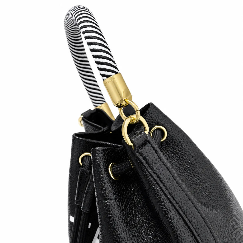 Marc Jacobs The Bucket Small Black Pebbled Leather Bucket Bag with White Logo Print & Detachable Strap