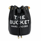 Marc Jacobs The Bucket Small Black Pebbled Leather Bucket Bag with White Logo Print & Detachable Strap