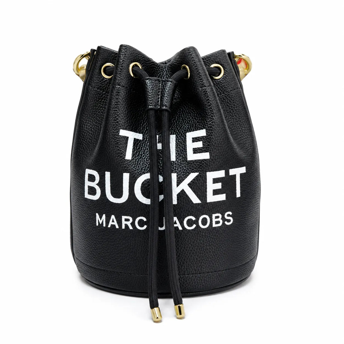 Marc Jacobs The Bucket Small Black Pebbled Leather Bucket Bag with White Logo Print & Detachable Strap