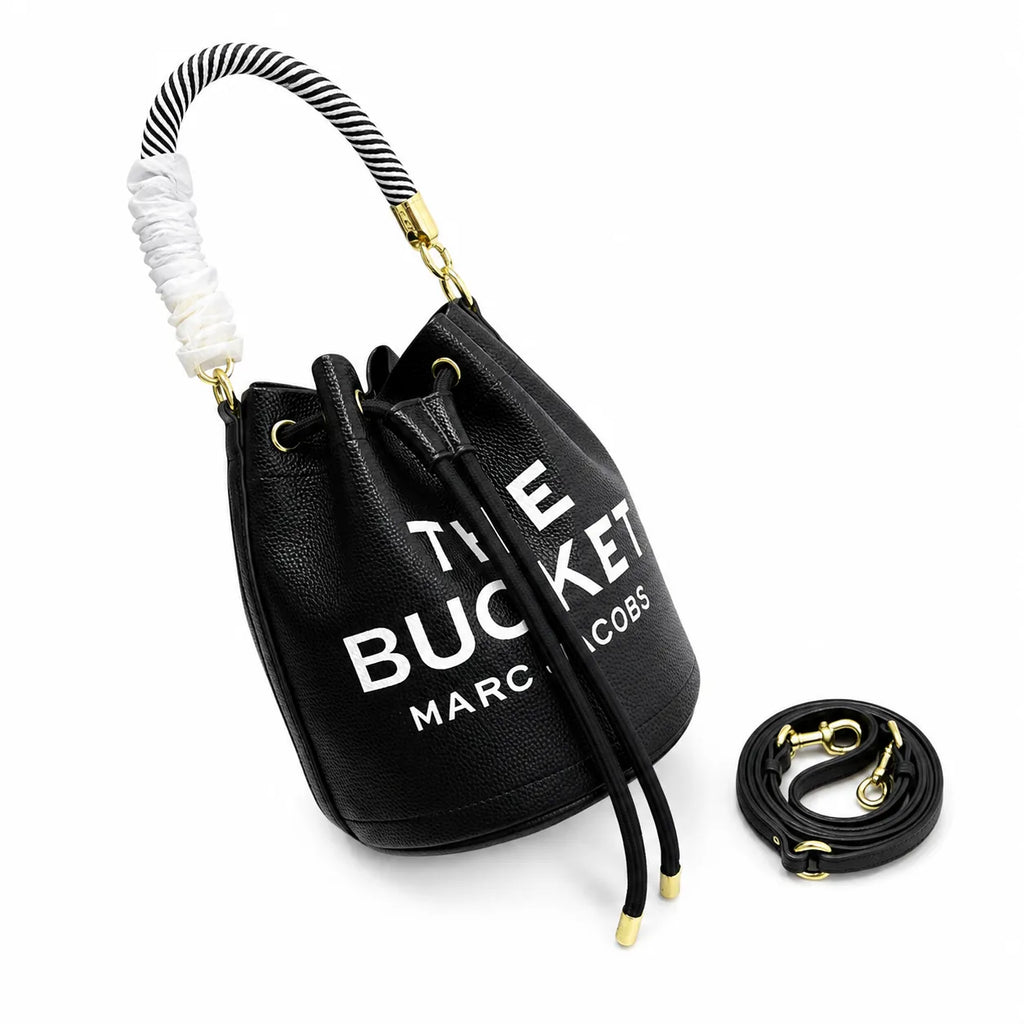 Marc Jacobs The Bucket Small Black Pebbled Leather Bucket Bag with White Logo Print & Detachable Strap