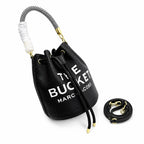 Marc Jacobs The Bucket Small Black Pebbled Leather Bucket Bag with White Logo Print & Detachable Strap