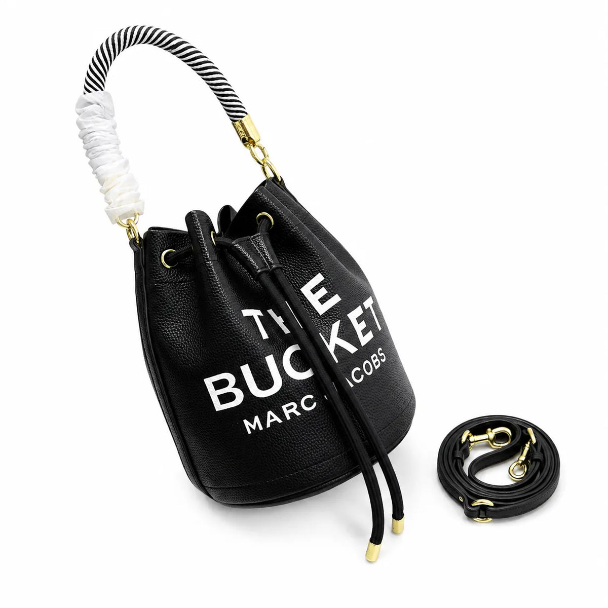 Marc Jacobs The Bucket Small Black Pebbled Leather Bucket Bag with White Logo Print & Detachable Strap