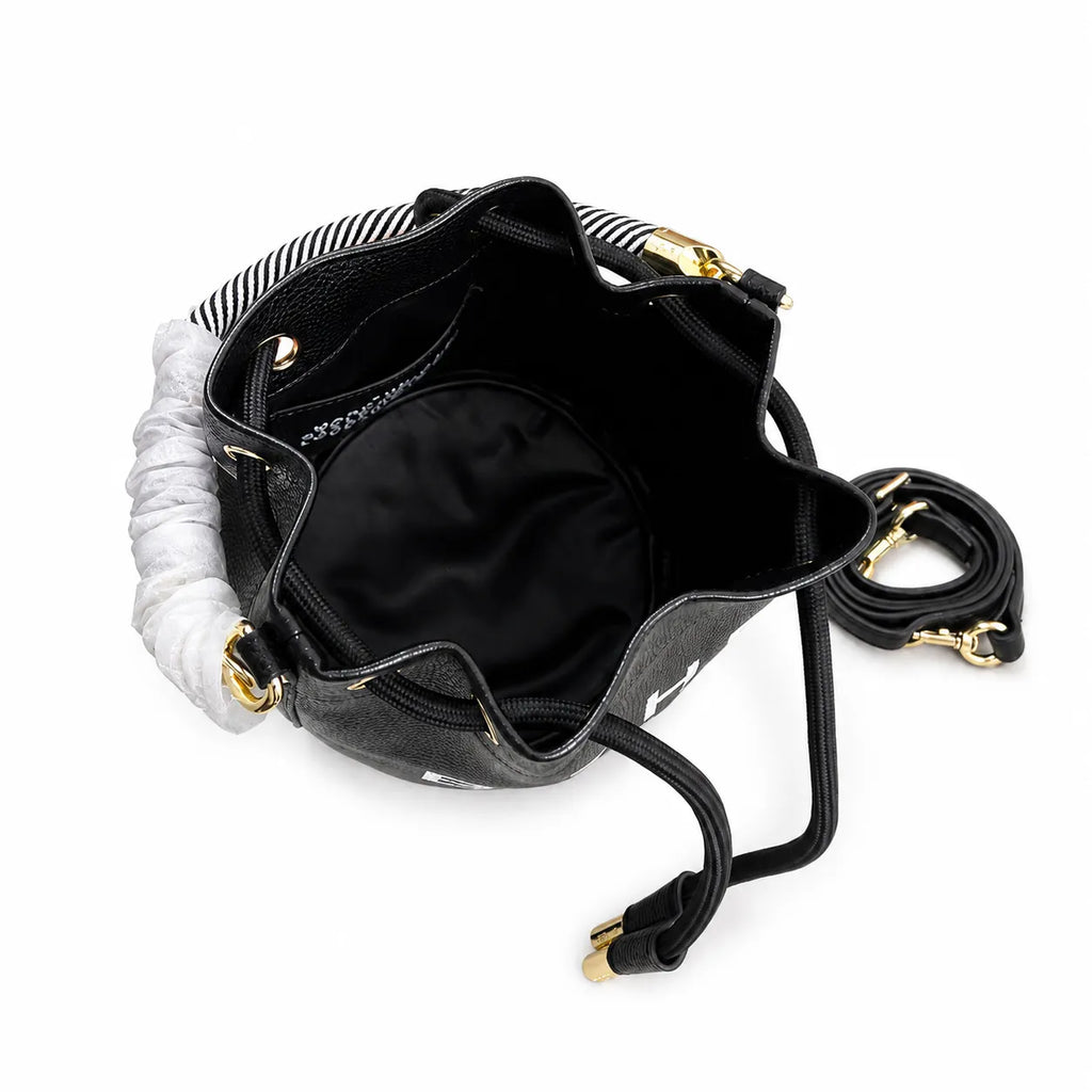 Marc Jacobs The Bucket Small Black Pebbled Leather Bucket Bag with White Logo Print & Detachable Strap