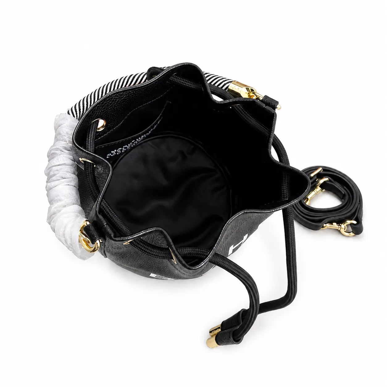 Marc Jacobs The Bucket Small Black Pebbled Leather Bucket Bag with White Logo Print & Detachable Strap