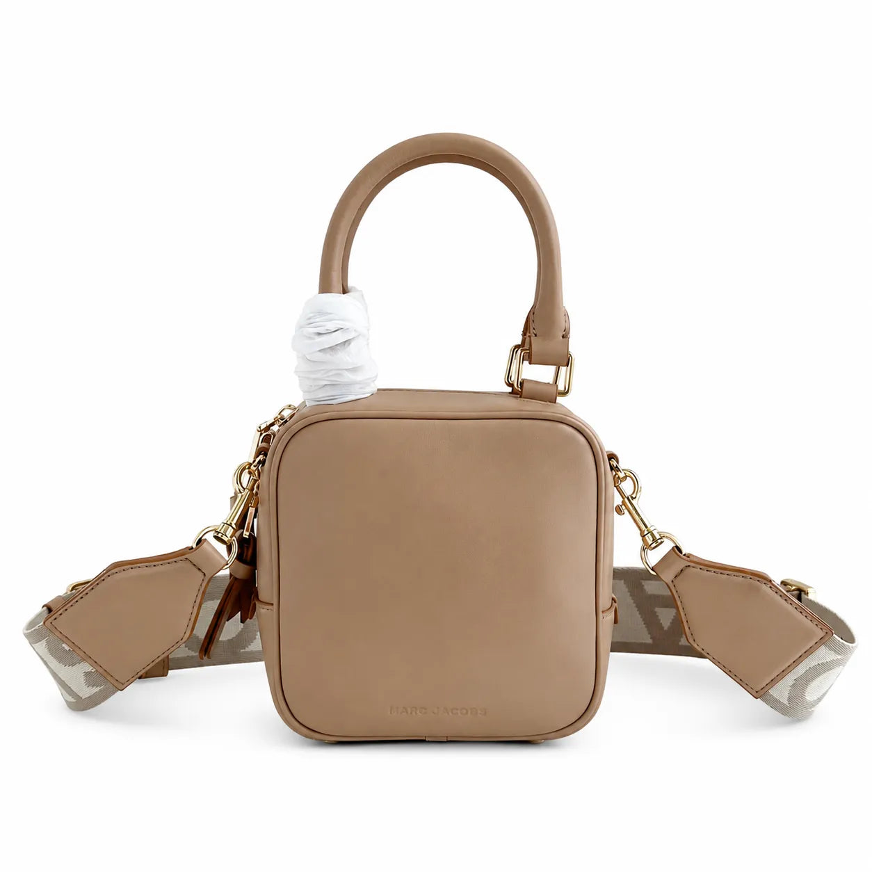 Marc Jacobs The Leather Cube Tan Smooth Leather Mini Camera Bag with Embossed J Logo & Detachable Wide Strap