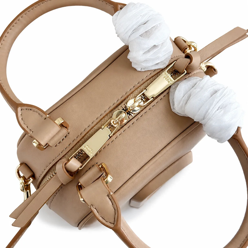 Marc Jacobs The Leather Cube Tan Smooth Leather Mini Camera Bag with Embossed J Logo & Detachable Wide Strap