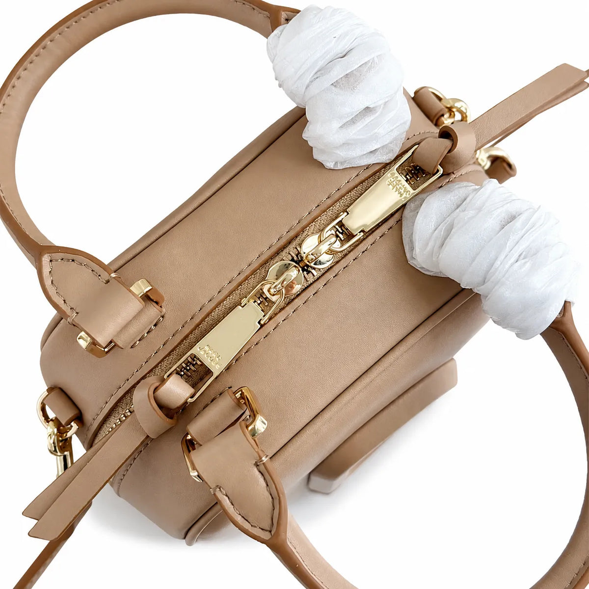 Marc Jacobs The Leather Cube Tan Smooth Leather Mini Camera Bag with Embossed J Logo & Detachable Wide Strap