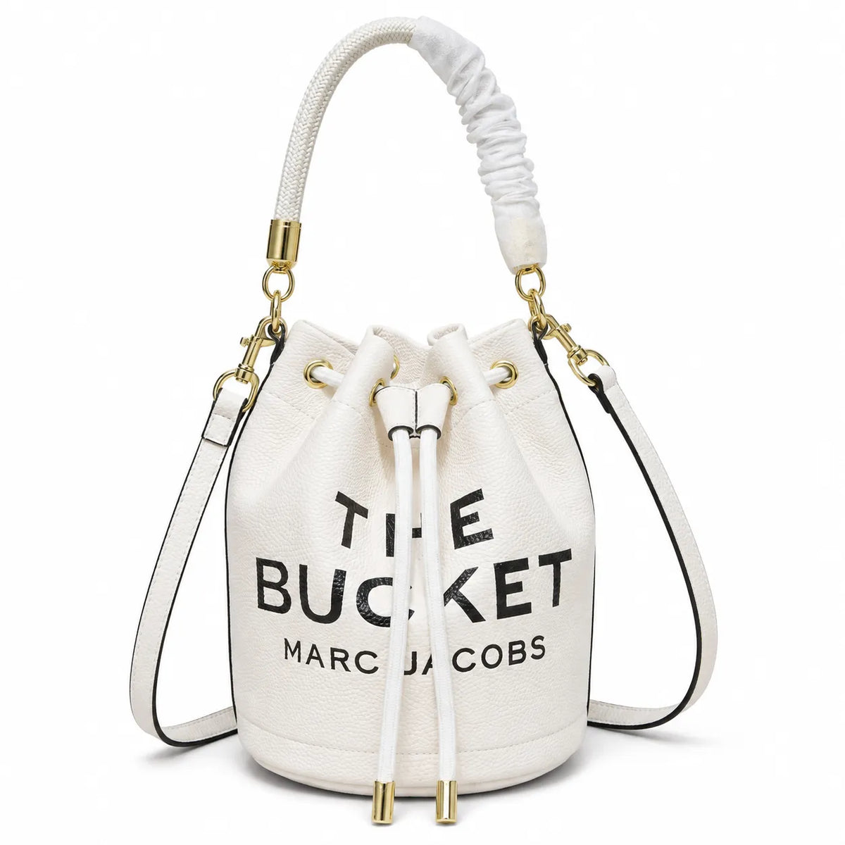 Marc Jacobs The Bucket Small Brown Pebbled Leather Bucket Bag with White Logo Print & Detachable Strap