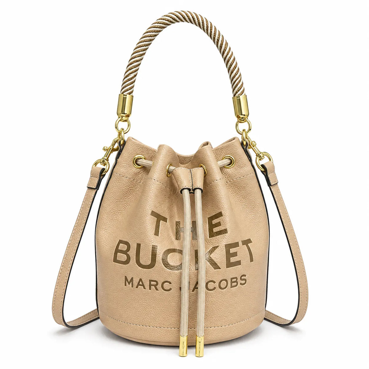Marc Jacobs The Bucket Small Brown Pebbled Leather Bucket Bag with White Logo Print & Detachable Strap