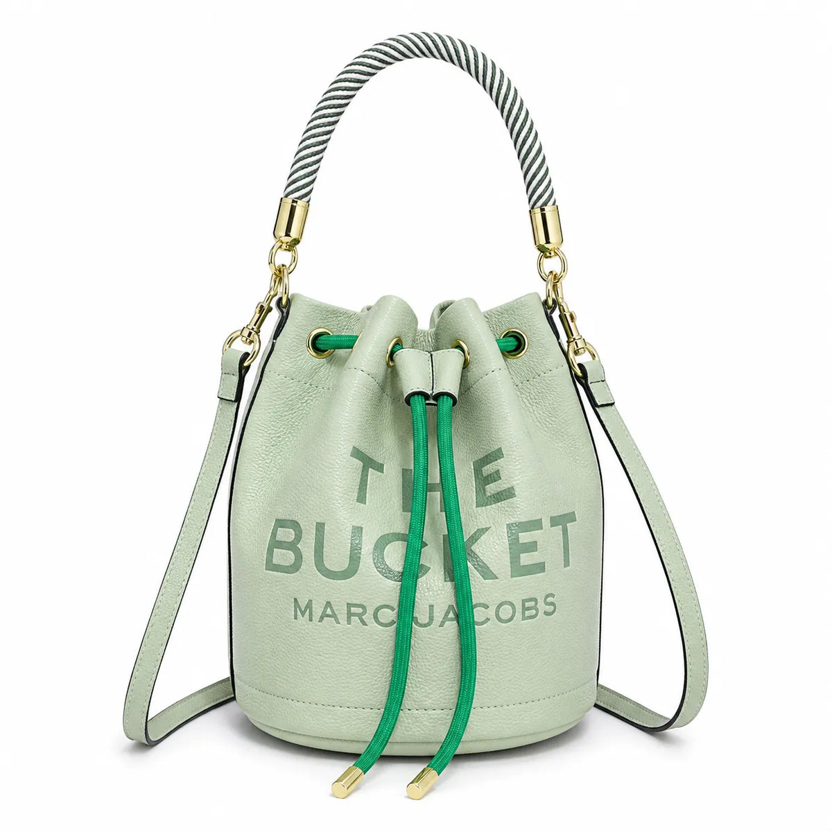 Marc Jacobs The Bucket Small Brown Pebbled Leather Bucket Bag with White Logo Print & Detachable Strap