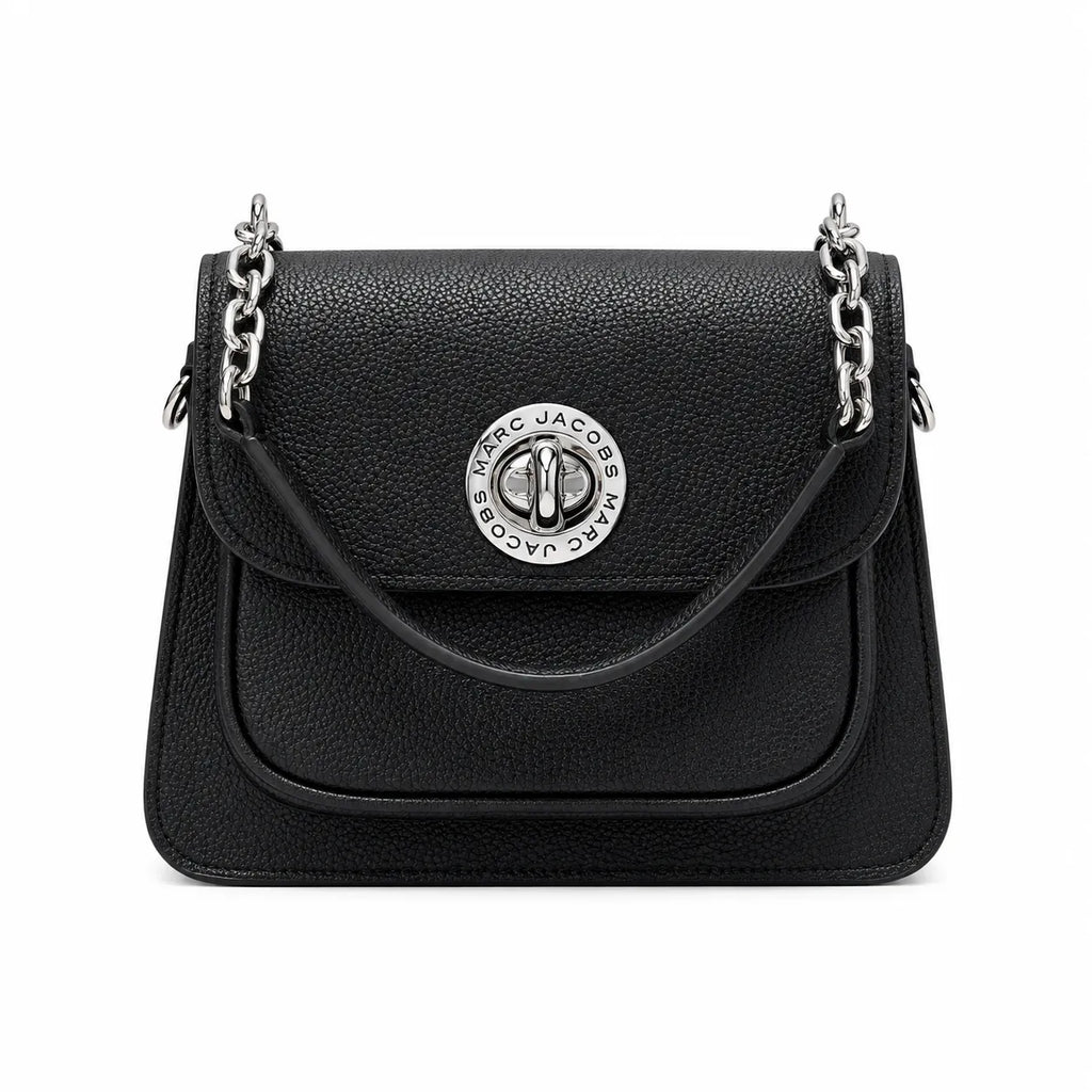Marc Jacobs J Marc | Black pebbled leather signature rotating J-clasp chain and leather shoulder strap women's designer crossbody bag